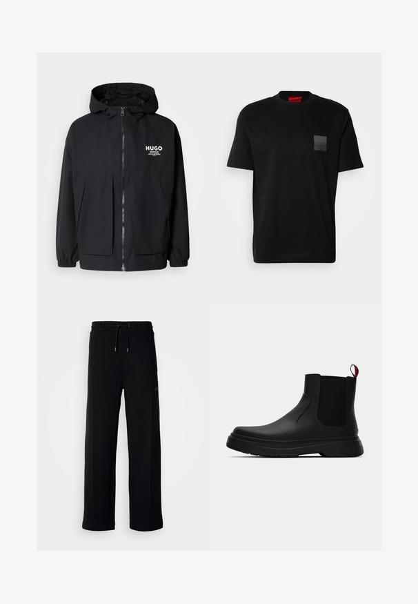 Svart hettegenser med full frontglidelås, elastiske mansjetter og doble frontlommer. Trykt logo på venstre bryst. Glatt tekstur.; Svart bomull T-skjorte med rund hals, med et teksturert svart merke med logo på venstre bryst. Korte ermer og avslappet passform.; Svarte joggebukser laget av mykt stoff, med bred ben design, elastisk midjebånd med snøring og sidelommer. Minimal merkedetalj.; Sorte ankelstøvler med en glat overflade, elastiske sidepaneler og en kontrastfyldt rød trækflik, med en tykk gummisål og rund tå.