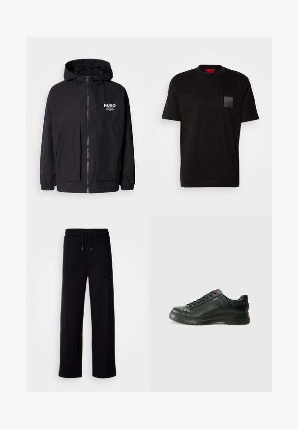 Schwarze Kapuzenjacke mit einem durchgehenden Reißverschluss an der Vorderseite, elastischen Bündchen und zwei vorderen Taschen. Bedrucktes Logo auf der linken Brust. Glatte Textur.; Schwarzes Baumwoll-T-Shirt mit Rundhalsausschnitt, versehen mit einem strukturierten schwarzen Patch mit Logo auf der linken Brust. Kurze Ärmel und entspannter Schnitt.; Schwarze Jogginghose aus weichem Stoff, mit einem weiten Schnitt, elastischem Bund mit Kordelzug und Seitentaschen. Minimale Markenkennzeichnung.; Schwarze Leder-Sneaker mit strukturiertem Obermaterial, gepolstertem Kragen und rotem Logo-Detail. Verfügt über eine dicke Gummisohle mit markantem Profil.