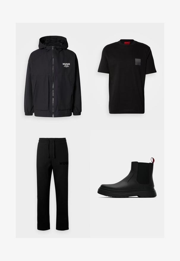 Black hooded jacket featuring a full front zip, elastic cuffs, and dual front pockets. Printed logo on the left chest. Smooth texture.; Black cotton T-shirt with a crew neck, featuring a textured black patch with logo on the left chest. Short sleeves and relaxed fit.; Black sweatpants with an elastic waistband, drawstring, and a small, embossed "HUGO" logo on the left side. Smooth texture, straight cut.; Black ankle boot with a smooth finish, elastic side panels, and a contrasting red pull tab, featuring a thick rubber sole and rounded toe.