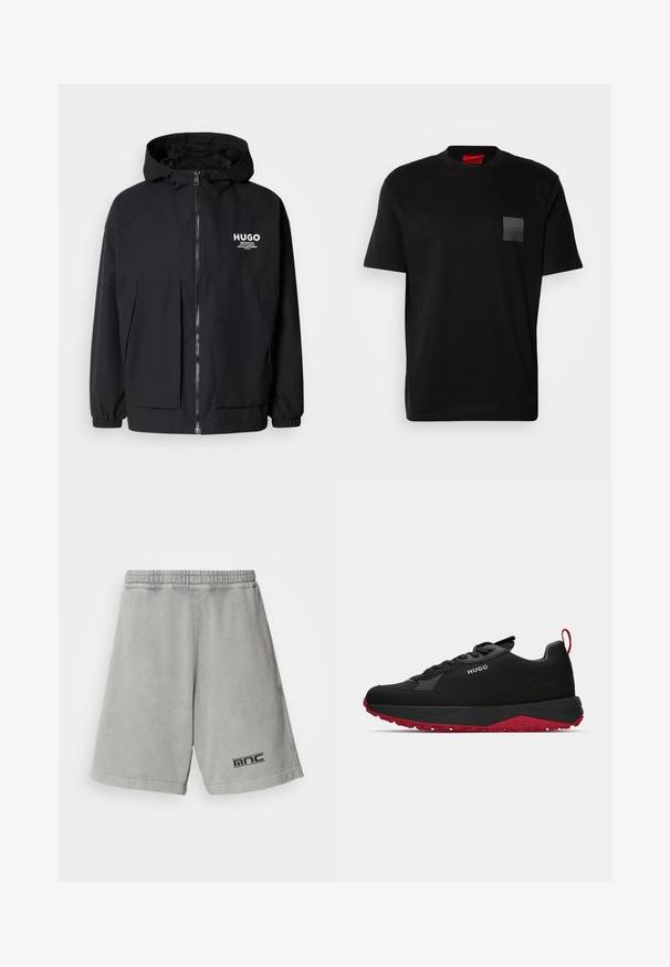 Schwarze Kapuzenjacke mit einem durchgehenden Reißverschluss an der Vorderseite, elastischen Bündchen und zwei vorderen Taschen. Bedrucktes Logo auf der linken Brust. Glatte Textur.; Schwarzes Baumwoll-T-Shirt mit Rundhalsausschnitt, versehen mit einem strukturierten schwarzen Patch mit Logo auf der linken Brust. Kurze Ärmel und entspannter Schnitt.; Hellgraue Baumwollshorts mit einem elastischen Bund, ausgestattet mit einem schwarzen Logo auf der unteren linken Seite und einer glatten, einfarbigen Textur.; Schwarze Sport sneakers mit roter Sohle, aus glattem Obermaterial, mit Schnürverschluss und einer Zuglasche hinten. Mit einem silbernen Logo akzentuiert.