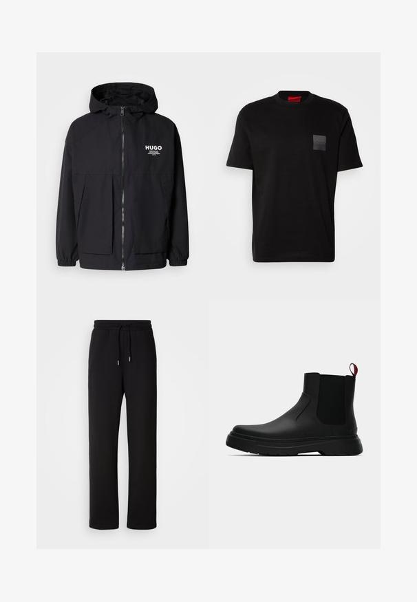 Zwarte hoodie-jack met een volledige rits aan de voorkant, elastische manchetten en twee voorzakken. Gedrukt logo op de linkerborst. Glad textuur.; Zwart katoenen T-shirt met een ronde hals, met een gestructureerde zwarte patch met logo op de linkerborst. Korte mouwen en een ontspannen pasvorm.; Zwarte sweatpants van zacht materiaal, met een trekkoord in de taille, rechte pijpen en zonder extra patronen of accenten.; Zwarte enkelboot met een gladde afwerking, elastische zijpanelen en een contrasterende rode treklus, met een dikke rubberen zool en een afgeronde teen.