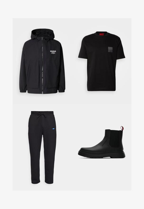 Čierna kapucňová bunda s plným predným zipsom, elastickými manžetami a dvojitými prednými vreckami. Tlačené logo na ľavej hrudi. Hladký povrch.; Čierne bavlnené tričko s okrúhlym výstrihom, s textúrovanou čiernou nášivkou s logom na ľavej hrudi. Krátke rukávy a voľný strih.; HUGO NANETTI - Tepláky - black; Čierne členkové topánky s hladkým povrchom, elastickými bočnými panelmi a kontrastným červeným poutkom, vybavené hrubou gumovou podrážkou a zaoblenou špičkou.