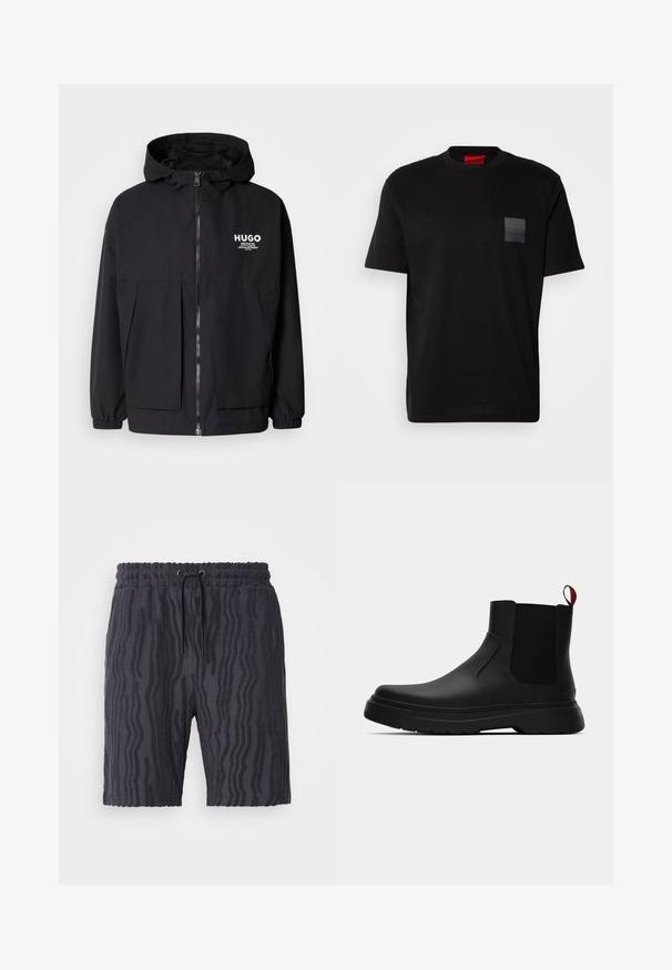 Fekete kapucnis dzseki, teljes elülső cipzárral, elasztikus mandzsettákkal és két elülső zsebbel. Nyomtatott logó a bal mellen. Simább textúra.; Fekete pamut póló kerek nyakkal, bal mellrészen textúrázott fekete folttal, amelyen logó látható. Rövid ujjak és laza fazon jellemzi.; Fekete rövidnadrág texturált hullámmintával, elasztikus derékpánttal és állítható zsinórral, puha, könnyű anyagból.; Fekete bokacipő sima felülettel, ruganyos oldalsó panelek és kontrasztos piros húzópánt jellemzi, vastag gumitalppal és lekerekített orral.