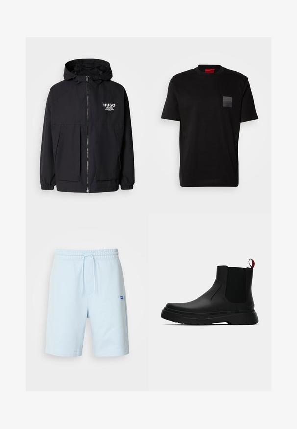 Black hooded jacket featuring a full front zip, elastic cuffs, and dual front pockets. Printed logo on the left chest. Smooth texture.; Black cotton T-shirt with a crew neck, featuring a textured black patch with logo on the left chest. Short sleeves and relaxed fit.; Light blue cotton shorts with an elastic waistband and drawstring. Features side pockets and a small blue logo on the front.; Black ankle boot with a smooth finish, elastic side panels, and a contrasting red pull tab, featuring a thick rubber sole and rounded toe.