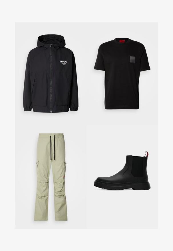 Black hooded jacket featuring a full front zip, elastic cuffs, and dual front pockets. Printed logo on the left chest. Smooth texture.; Black cotton T-shirt with a crew neck, featuring a textured black patch with logo on the left chest. Short sleeves and relaxed fit.; Light green cargo pants with a relaxed fit, elastic waistband, black drawstring, two side pockets, and subtle stitching details.; Black ankle boot with a smooth finish, elastic side panels, and a contrasting red pull tab, featuring a thick rubber sole and rounded toe.