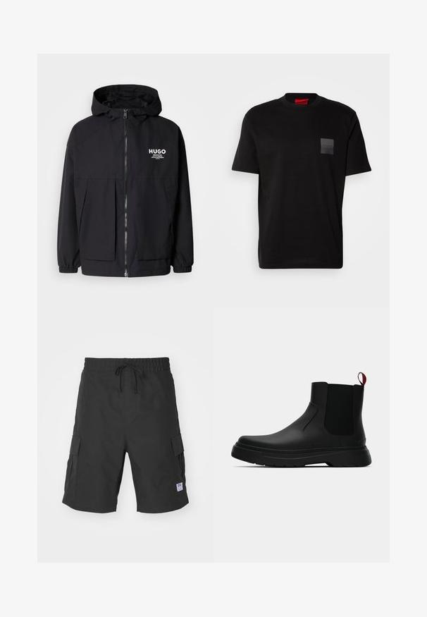 Zwarte hoodie-jack met een volledige rits aan de voorkant, elastische manchetten en twee voorzakken. Gedrukt logo op de linkerborst. Glad textuur.; Zwart katoenen T-shirt met een ronde hals, met een gestructureerde zwarte patch met logo op de linkerborst. Korte mouwen en een ontspannen pasvorm.; Zwarte cargoshorts van duurzaam materiaal, met een elastische tailleband met trekkoord, zijzakken en een patchlabelaccent.; Zwarte enkelboot met een gladde afwerking, elastische zijpanelen en een contrasterende rode treklus, met een dikke rubberen zool en een afgeronde teen.