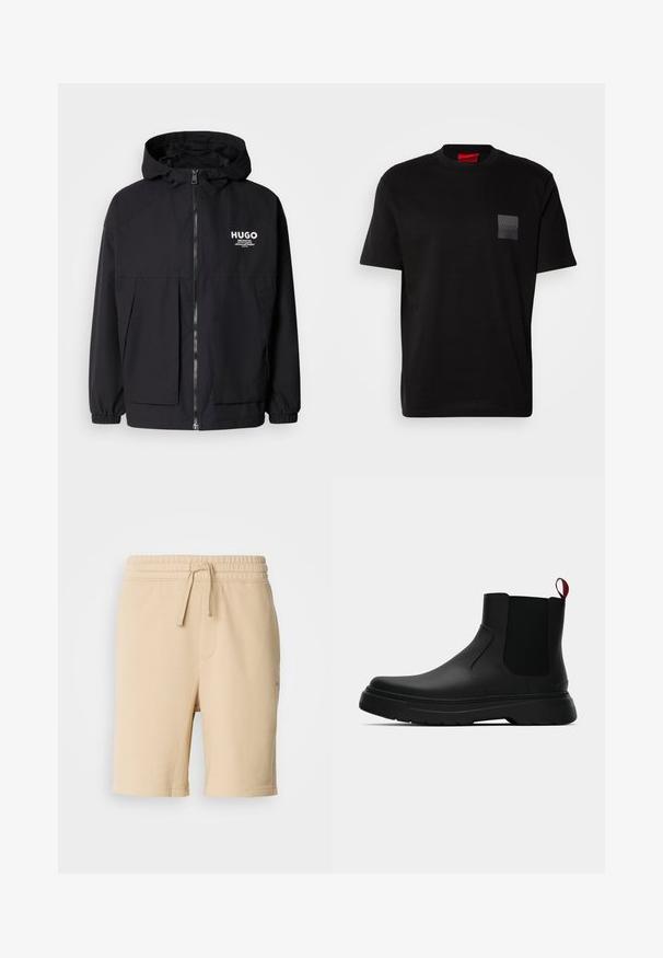 Fekete kapucnis dzseki, teljes elülső cipzárral, elasztikus mandzsettákkal és két elülső zsebbel. Nyomtatott logó a bal mellen. Simább textúra.; Fekete pamut póló kerek nyakkal, bal mellrészen textúrázott fekete folttal, amelyen logó látható. Rövid ujjak és laza fazon jellemzi.; Beige pamut keverék rövidnadrág, rugalmas derékkal, húzózsinórral, oldalzsebekkel és egyenes láb fazonnal. Sima textúra és egyszerű dizájn.; Fekete bokacipő sima felülettel, ruganyos oldalsó panelek és kontrasztos piros húzópánt jellemzi, vastag gumitalppal és lekerekített orral.