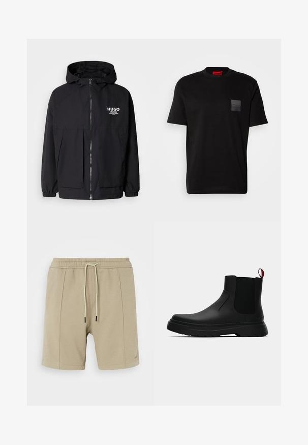 Jachetă neagră cu glugă, având un fermoar complet pe față, manșete elastice și două buzunare frontale. Logo imprimat pe partea stângă a pieptului. Textură netedă.; Cămașă T-shirt din bumbac negru cu guler rotund, având o păpatch neagră texturată cu logo pe pieptul stâng. Mâneci scurte și croială relaxată.; Pantaloni scurți bej din țesătură texturată, cu o talie elastică și șnur de ajustare, având două cusături laterale. Design simplu, fără modele vizibile.; Botine negre până la gleznă, cu un finisaj neted, panouri laterale elastice și un tab de prindere roșu contrastant, având o talpă groasă din cauciuc și vârf rotunjit.