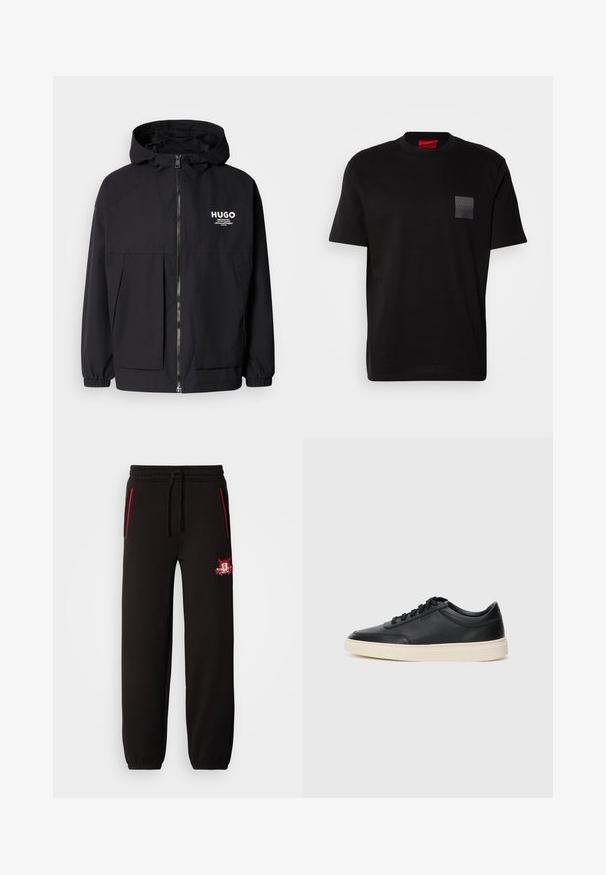 Black hooded jacket featuring a full front zip, elastic cuffs, and dual front pockets. Printed logo on the left chest. Smooth texture.; Black cotton T-shirt with a crew neck, featuring a textured black patch with logo on the left chest. Short sleeves and relaxed fit.; Black sweatpants with an elastic waistband, red accent zippers, and a prominent embroidered logo on the left thigh. Smooth texture, tapered fit.; Black low-top leather sneaker with black laces and off-white sole shown in side profile on white background.