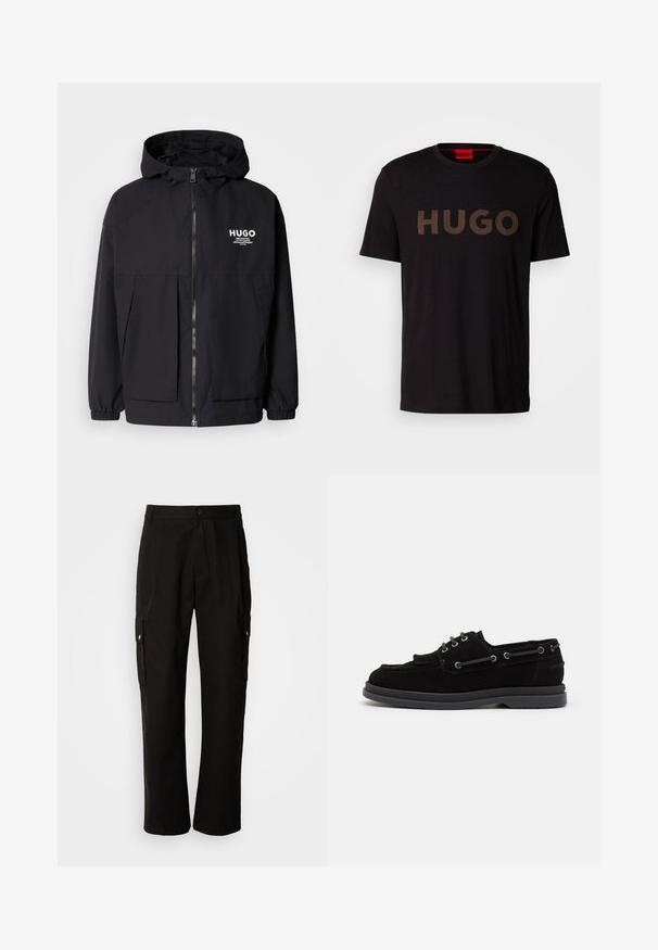 Must tumes jakk, millel on täispikktõmblukk, elastsed mansetid ja kaks esist pocketit. Prinditud logo vasakul rinnal. Sile tekstuur.; Must kollane puuvilla T-särk, mille esiküljel on suur, tekstuuriga pronksist "HUGO" logo. Särgil on ümmargune kaelus ja lühikesed varrukad.; Mustad mustadeks rõivasteks mõeldud puuvillased püksid, millel on lõdva istuvuse disain, küljetaskud, nööbiga sulgemine ja sirged sääred. Lihtne disain ilma mustriteta.; Mustad nubukist paatjalats, ümmarguse varbaga, seotud esiosaga, metallist silmadega ja halli kummitaldaga, millel on tekstuuriga viimistlus.