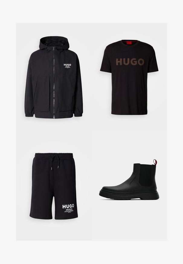 Čierna kapucňová bunda s plným predným zipsom, elastickými manžetami a dvojitými prednými vreckami. Tlačené logo na ľavej hrudi. Hladký povrch.; Čierne bavlnené tričko s veľkým, štruktúrovaným bronzovým logom "HUGO" na prednej strane. Má okrúhly výstrih a krátke rukávy.; Čierne bavlnené šortky s elastickým pásom a šnúrkou. Biele logo "HUGO" na ľavom stehne. Jednoduchý dizajn, dĺžka po kolená.; Čierne členkové topánky s hladkým povrchom, elastickými bočnými panelmi a kontrastným červeným poutkom, vybavené hrubou gumovou podrážkou a zaoblenou špičkou.