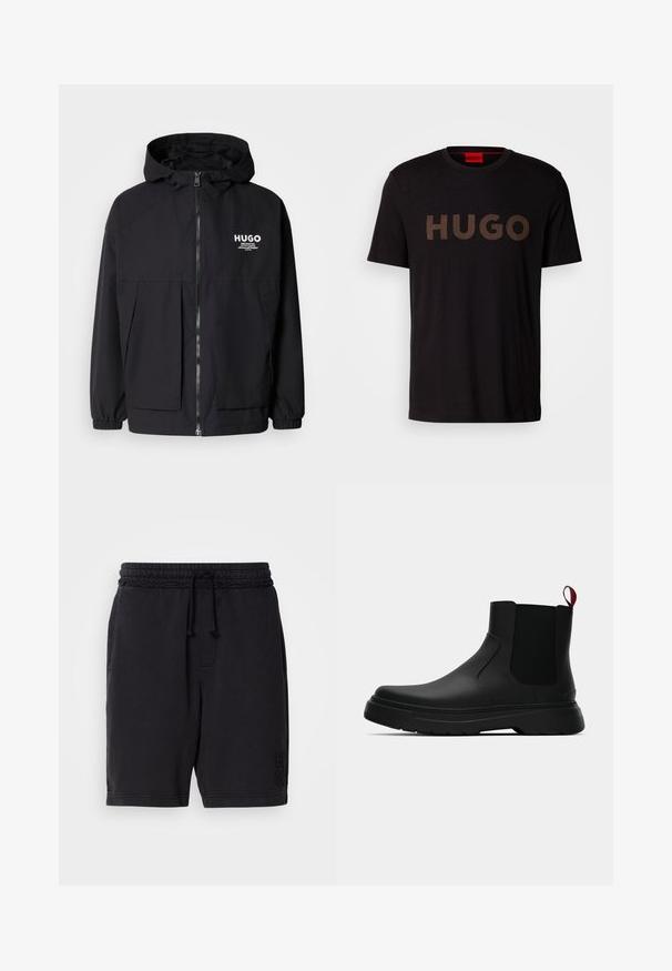 Schwarze Kapuzenjacke mit einem durchgehenden Reißverschluss an der Vorderseite, elastischen Bündchen und zwei vorderen Taschen. Bedrucktes Logo auf der linken Brust. Glatte Textur.; Schwarzes Baumwoll-T-Shirt mit einem großen, texturierten bronzefarbenen "HUGO"-Logo auf der Vorderseite. Es hat einen runden Halsausschnitt und kurze Ärmel.; Schwarze Baumwollshorts mit elastischem Bund und Kordelzug. Verfügt über seitliche Taschen und dezente, eingebettete Markenkennzeichnung am unteren linken Bein.; Schwarze Knöchelstiefel mit glatter Oberfläche, elastischen Seitenpaneelen und einem kontrastierenden roten Zuglasche, ausgestattet mit einer dicken Gummisohle und einer runden Zehenpartie.