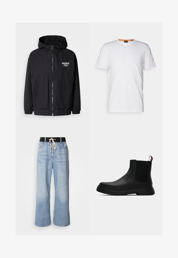 Veste à capuche noire avec zip frontal complet, poignets élastiques et poches avant doubles. Logo imprimé sur la poitrine gauche. Texture lisse.; T-shirt en coton blanc avec un col rond, des manches courtes et un logo en relief subtil sur la poitrine. L'étiquette intérieure a une touche d'orange.; Jean large bleu clair avec une taille élastique noire, dotée d'une fermeture à cordon et d'un design classique à cinq poches.; Bottines noires avec une finition lisse, des panneaux latéraux élastiques et une languette rouge contrastante, présentant une semelle en caoutchouc épaisse et un bout arrondi.