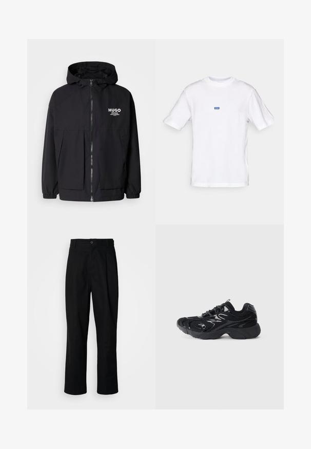 Svart hettegenser med full frontglidelås, elastiske mansjetter og doble frontlommer. Trykt logo på venstre bryst. Glatt tekstur.; Hvit bomulls t-skjorte med korte ermer, rund hals og en liten blå "HUGO" etikett på øvre bryst. Glatt tekstur, klassisk passform.; Sorte bukser med rette ben, med knappet liv, belteholdere og frontfold, vist mot en enkel hvit bakgrunn.; Svart treningssko med nettmateriale og syntetiske detaljer, avrundet tå, teksturert såle og kontrasterende glansfulle detaljer på overdelen.