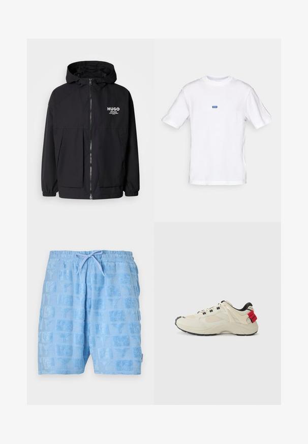 Svart hettegenser med full frontglidelås, elastiske mansjetter og doble frontlommer. Trykt logo på venstre bryst. Glatt tekstur.; Hvit bomulls t-skjorte med korte ermer, rund hals og en liten blå "HUGO" etikett på øvre bryst. Glatt tekstur, klassisk passform.; Lyseblå shorts laget av teksturert stoff med et mønster av firkanter med hevede design. Elastisk midjebånd med snøring.; Beige sneakers med mesh- og læderpaneler, sort gummisål, snørebåndsdesign og rød accent på hælen med "Hugo" branding.