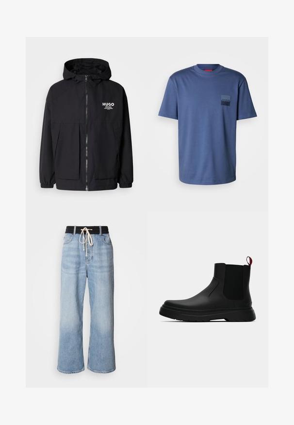 Juodas gobtuvas striukė su pilnu priekiniu užtrauktuku, elastinėmis rankovėmis ir dviem priekinėmis kišenėmis. Spausdintas logo ant kairės krūtinės. Lygus tekstūruotas paviršius.; Mėlyna trumparankovė marškinėliai pagaminti iš minkštos medvilnės, su kvadratine kišenėle, ant kurios yra tamsiai mėlynas logotipas. Klasikinio apvalaus kaklo dizainas.; Šviesiai mėlynos plačios kelnės su juodu elastingu juosmeniu, turinčios raištelių užsegimą ir klasikinį penkių kišenių dizainą.; Juodas kulkšninis batas su lygiu paviršiumi, elastiniais šonų intarpais ir kontrastingu raudonu kilimėliu, turintis storą guminį pado ir apvalią nosį.