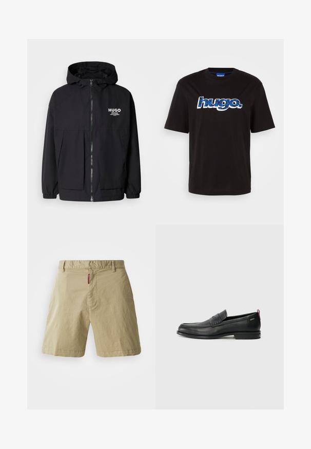 Giacca nera con cappuccio caratterizzata da una zip frontale completa, polsini elasticizzati e due tasche frontali. Logo stampato sul lato sinistro del petto. Texture liscia.; T-shirt nera in cotone con logo "hugo." in blu e design a motivo. Maniche corte e scollatura a girocollo.; Pantaloni corti beige in cotone con un davanti piatto, chiusura con bottone e passanti per cintura. Presentano una texture sottile e una piccola etichetta rossa del marchio sulla vita.; Mocassini in pelle nera con un pannello anteriore testurizzato e lati lisci. Presentano un tacco sottile e un anello sul retro per una vestibilità facile. Design classico.