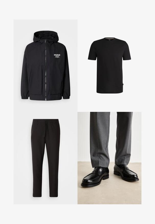 Čierna kapucňová bunda s plným predným zipsom, elastickými manžetami a dvojitými prednými vreckami. Tlačené logo na ľavej hrudi. Hladký povrch.; Čierne tričko s krátkym rukávom vyrobené z hladkej bavlny s okrúhlym výstrihom. Má jemnú značkovú etiketu na ľavej strane blízko lemu.; Čierne jogger nohavice vyrobené z hladkej tkaniny. Majú elastický pás s šnúrkou, zúžené nohavice a žiadne viditeľné vrecká. Jednoduchý dizajn.; Čierne kožené mokasíny s hladkým povrchom, s okrúhlou špičkou a dekoračným pásikom, spárované so sivými nohavicami.