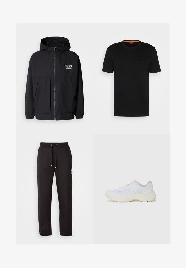 Mustat hupparitakki, jossa on täysipituinen vetoketju, joustavat hihansuut ja kaksinkertaiset etupussit. Vasemmassa rinnassa painettu logo. Sileä tekstuuri.; Mustat lyhyet hihaset t-paidat, jotka on valmistettu pehmeästä kankaasta. Paita on pyöreällä kaula-aukolla ja siinä on huomaamaton logo edessä. Kauluksen sisäpuolella on oranssi yksityiskohta.; Mustat verkkarit, joissa on elastinen vyötärö, kiristysnauha ja kapenevat henkseleitä. Yhdellä puolella pieni valkoinen logo yksityiskohta. Valmistettu pehmeästä kankaasta.; Valkoiset urheilukengät, jotka on valmistettu verkkokankaasta ja mokasta, sisältävät tekstuurillisen välipohjan, teksturoituja yksityiskohtia ja "HUGO"-logon sivussa.