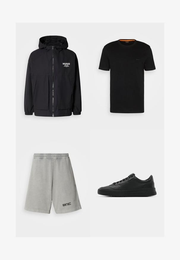 Zwarte hoodie-jack met een volledige rits aan de voorkant, elastische manchetten en twee voorzakken. Gedrukt logo op de linkerborst. Glad textuur.; Zwarte korte mouwen t-shirt gemaakt van zachte stof, met een ronde halslijn en een subtiel logo op de voorkant. Binnenkant van de kraag heeft een oranje accent.; Lichtgrijze katoenen shorts met een elastische tailleband, met een zwart logo aan de onderlinkerzijde en een gladde, effen textuur.; Zwarte sneaker met een glad leren bovenwerk, ronde neus, platte veters, gewatteerde kraag en minimalistisch design. Rubberen zool met een subtiel profiel.