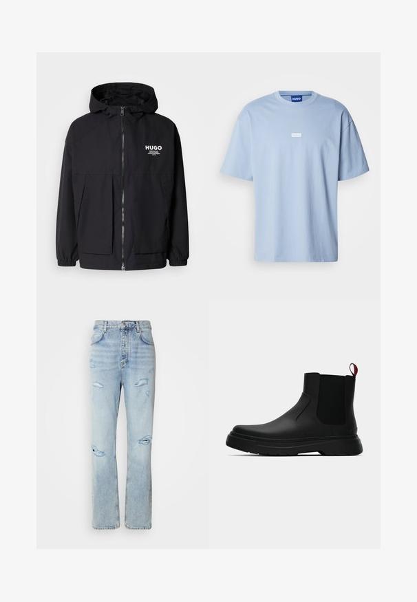 Must tumes jakk, millel on täispikktõmblukk, elastsed mansetid ja kaks esist pocketit. Prinditud logo vasakul rinnal. Sile tekstuur.; helesinine lühikeste varrukatega T-särk, mis on valmistatud puuvillast, ümarate kaelustega ning esiküljel on valge ristkülikukujuline logo.; Heledad avatud pesu denimidest teksad, millel on vabalt langev lõige, sisaldades kulumisjälgi ja hõõrdunud ääri. Kanga tekstuur on pehme ja sile.; Mustad musta värvi ankle boot, millel on sile viimistlus, elastsed külgpaneelid ja kontrastne punane tõmbetaba. Saapadel on paks kummist tald ja ümar varvas.