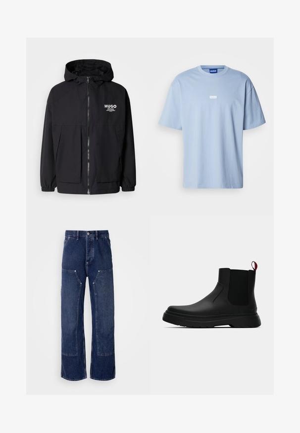 Must tumes jakk, millel on täispikktõmblukk, elastsed mansetid ja kaks esist pocketit. Prinditud logo vasakul rinnal. Sile tekstuur.; helesinine lühikeste varrukatega T-särk, mis on valmistatud puuvillast, ümarate kaelustega ning esiküljel on valge ristkülikukujuline logo.; Laiad tumesinised denim püksid kontrastsete paneelide detailidega, esi-taskud ja metallist nööpklamber. Tekstureeritud kangas nähtava õmblusega.; Mustad musta värvi ankle boot, millel on sile viimistlus, elastsed külgpaneelid ja kontrastne punane tõmbetaba. Saapadel on paks kummist tald ja ümar varvas.