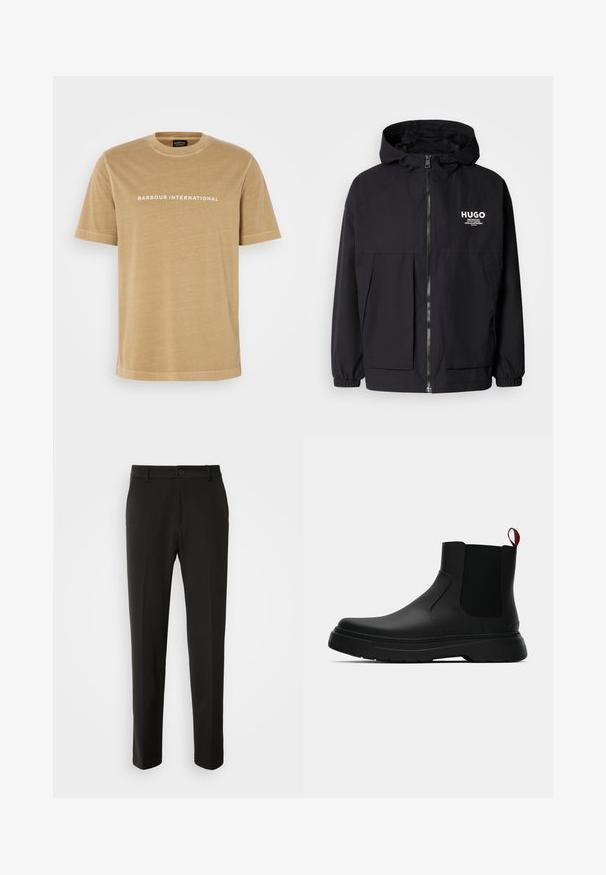 Black hooded jacket featuring a full front zip, elastic cuffs, and dual front pockets. Printed logo on the left chest. Smooth texture.; Tan cotton T-shirt with short sleeves and crew neckline, featuring white "BARBOUR INTERNATIONAL" text across the chest. Smooth texture.; Black trousers made of smooth fabric, featuring straight legs, a button closure, and a classic design suitable for formal or casual wear.; Black ankle boot with a smooth finish, elastic side panels, and a contrasting red pull tab, featuring a thick rubber sole and rounded toe.
