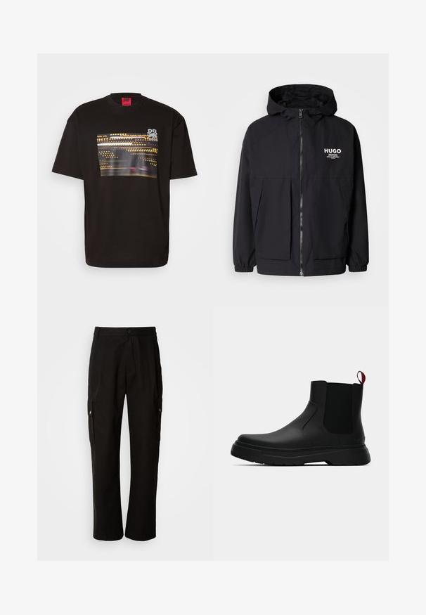 Μαύρο μπουφάν με κουκούλα που διαθέτει πλήρες μπροστινό φερμουάρ, ελαστικές μανσέτες και διπλές μπροστινές τσέπες. Εκτυπωμένο λογότυπο στο αριστερό στήθος. Απαλή υφή.; Μαύρο βαμβακερό μπλουζάκι με ορθογώνιο πολύχρωμο γραφικό από θολά φώτα μπροστά, και λογότυπο στην επάνω γωνία.; Μαύρο cargo παντελόνι από βαμβάκι με χαλαρή εφαρμογή, διαθέτει πλαϊνές τσέπες, κλείσιμο με κουμπί και ίσια πόδια. Απλό σχέδιο χωρίς μοτίβα.; Μαύρη αστράγαλη μποτάκι με λείο φινίρισμα, ελαστικές πλευρικές πάνελ και εναν αντίθετο κόκκινο χερούλι, με παχιά καουτσούκ σόλα και στρογγυλή μύτη.