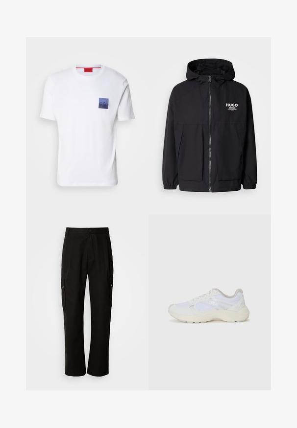 Svart hettegenser med full frontglidelås, elastiske mansjetter og doble frontlommer. Trykt logo på venstre bryst. Glatt tekstur.; Hvit bomull T-skjorte med korte ermer, med en blå og lilla firkantet brystlomme som viser "HUGO"-logoen i hvit. Rød nakkeetikett.; Svart cargobukse laget av bomull med avslappet passform, med sidelommer, knappeåpning og rette ben. Enkelt design uten mønstre.; Hvit idrettssko laget av mesh og skinn, med en teksturert mellomsåle, teksturerte detaljer og "HUGO"-logo på siden.