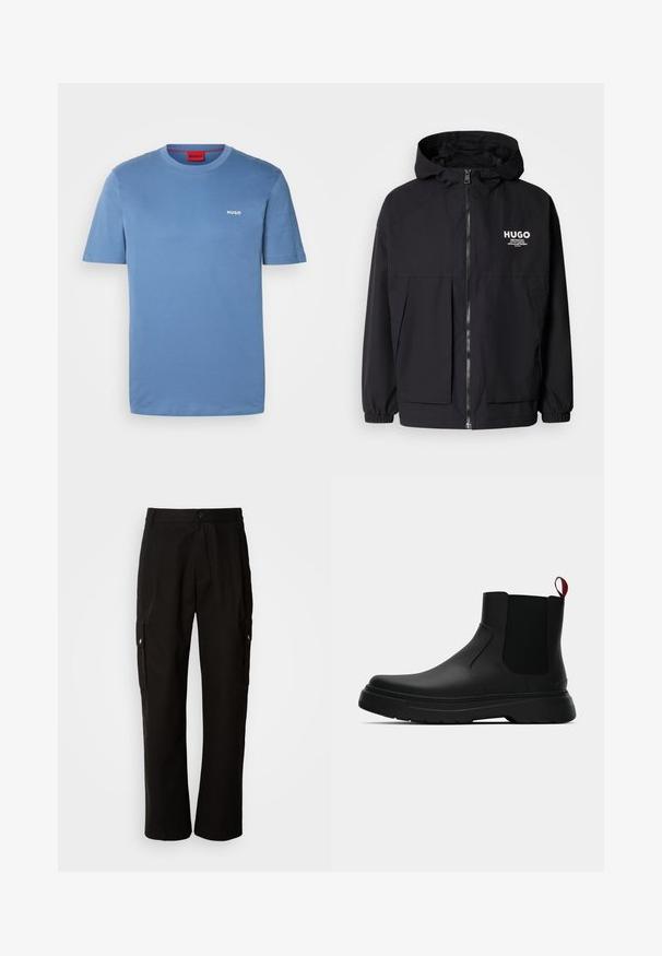 Juodas gobtuvas striukė su pilnu priekiniu užtrauktuku, elastinėmis rankovėmis ir dviem priekinėmis kišenėmis. Spausdintas logo ant kairės krūtinės. Lygus tekstūruotas paviršius.; Šviesiai mėlynas medvilninis marškinėliai su klasikiniais apvaliais kaklais, trumpomis rankovėmis ir mažuoju baltu "HUGO" logotipu kairėje pusėje.; Juodos krovinių kelnės, pagamintos iš medvilnės, laisvo kirpimo, su šoninėmis kišenėmis, mygtuko uždarymu ir tiesiomis kojomis. Paprastas dizainas, be raštų.; Juodas kulkšninis batas su lygiu paviršiumi, elastiniais šonų intarpais ir kontrastingu raudonu kilimėliu, turintis storą guminį pado ir apvalią nosį.