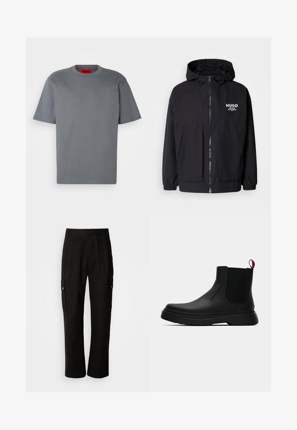 Sort hættejakke med lynlås foran, elastiske manchetter og to foran lommer. Trykt logo på venstre bryst. Glat tekstur.; Grå bomulds T-shirt med korte ærmer. Har en rund halsudskæring og et subtilt præget logo i midten. Glat tekstur, minimalistisk design.; Sorte cargo bukser lavet af bomuld med en afslappet pasform, der har sidelommer, knaplukning og lige ben. Enkel design uden mønstre.; Sort ankelstøvle med en glat overflade, elastiske sidepaneler og en kontrasterende rød træksløjfe, der har en tyk gummisål og rund tå.