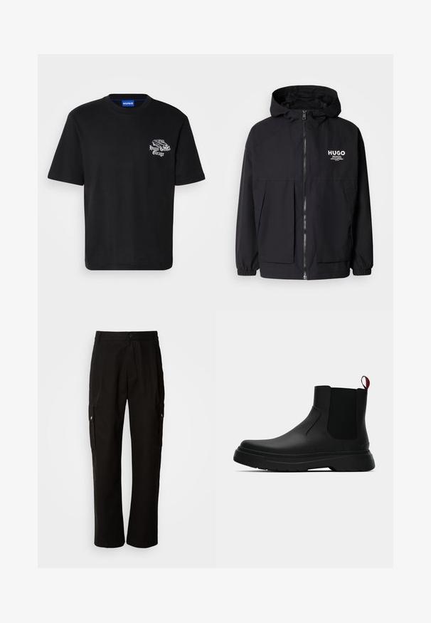Melnā kapuce jaka ar pilnu priekšējo rāvējslēdzēju, elastīgām piedurknēm un divām priekšējām kabatām. Izdrukāts logo kreisajā krūtī. Gluda tekstūra.; Melnas kokvilnas T-krekls ar apaļu kakla izgriezumu. Uz kreisā krūts ir neliels balts attēls ar auto un teksts "Hugo Garage". Īsas piedurknes.; Melnas kokvilnas kravas bikses ar brīvu piegriezumu, ar sānu kabatām, pogu aizdari un taisnām kājām. Vienkāršs dizains bez rakstiem.; Melnas potītes ar gludu apdari, elastīgiem sānu paneļiem un kontrastējošu sarkano cilpu, aprīkotas ar biezu gumijas zoli un noapaļotu purngalu.