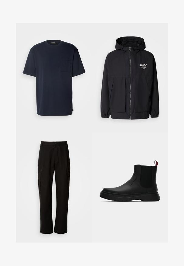 Schwarze Kapuzenjacke mit einem durchgehenden Reißverschluss an der Vorderseite, elastischen Bündchen und zwei vorderen Taschen. Bedrucktes Logo auf der linken Brust. Glatte Textur.; Navyblaues Kurzarm-T-Shirt aus weicher Baumwolle. Verfügt über eine Brusttasche und einen lockeren Schnitt mit abgerundetem Saum. Klassischer Rundhalsausschnitt.; Schwarze Cargo-Hosen aus Baumwolle mit lockerem Schnitt, seitlichen Taschen, Knopfverschluss und geradem Bein. Einfaches Design ohne Muster.; Schwarze Knöchelstiefel mit glatter Oberfläche, elastischen Seitenpaneelen und einem kontrastierenden roten Zuglasche, ausgestattet mit einer dicken Gummisohle und einer runden Zehenpartie.