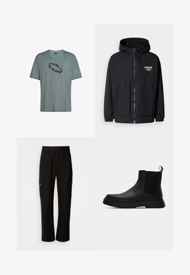 Melnā kapuce jaka ar pilnu priekšējo rāvējslēdzēju, elastīgām piedurknēm un divām priekšējām kabatām. Izdrukāts logo kreisajā krūtī. Gluda tekstūra.; Gaiši zils kokvilnas T krekls ar brīvu piegriezumu. Ar melnu ovālu logotipa druku, kas lasāma "KARL LAGERFELD" pāri krūtīm. Īsas piedurknes.; Melnas kokvilnas kravas bikses ar brīvu piegriezumu, ar sānu kabatām, pogu aizdari un taisnām kājām. Vienkāršs dizains bez rakstiem.; Melnas potītes ar gludu apdari, elastīgiem sānu paneļiem un kontrastējošu sarkano cilpu, aprīkotas ar biezu gumijas zoli un noapaļotu purngalu.