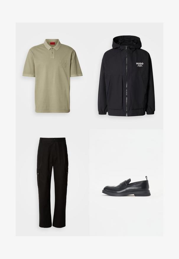 Juodas gobtuvas striukė su pilnu priekiniu užtrauktuku, elastinėmis rankovėmis ir dviem priekinėmis kišenėmis. Spausdintas logo ant kairės krūtinės. Lygus tekstūruotas paviršius.; Khaki polo marškiniai su apykakle, trumpomis rankovėmis ir išsiuvinėtu "HUGO" logotipu ant kairės krūtinės. Lygus medvilnės audinys, minimalistinis dizainas.; Juodos krovinių kelnės, pagamintos iš medvilnės, laisvo kirpimo, su šoninėmis kišenėmis, mygtuko uždarymu ir tiesiomis kojomis. Paprastas dizainas, be raštų.; Juodų odinių loaferių su apvaliu pirštu, priekinio dirželio detalėmis ir žemu guminio pado. Savybė - subtilus siuvinėjimas ir galinis tamprinis kilpos gaminys.