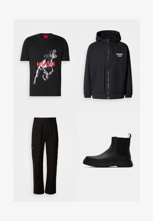 Černá kapucňová bunda s plným předním zipem, elastickými manžetami a dvojitými předními kapsami. Tištěné logo na levém prsu. Hladká textura.; Černé bavlněné tričko s bílou grafikou psa ve středním zívání, s nápisem "HUGO" tučnými červenými písmeny na přední straně.; Černé cargo kalhoty vyrobené z bavlny s uvolněným střihem, vybavené bočními kapsami, zapínáním na knoflík a rovnými nohavicemi. Jednoduchý design bez vzorů.; Černé kotníkové boty s hladkým povrchem, elastickými bočními panely a kontrastním červeným poutkem, s tlustou gumovou podrážkou a zaoblenou špičkou.
