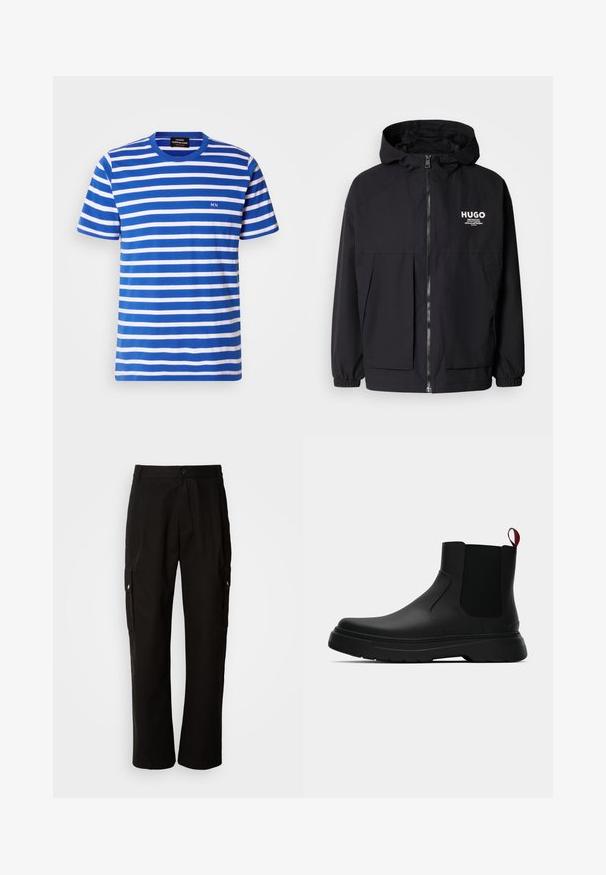 Juodas gobtuvas striukė su pilnu priekiniu užtrauktuku, elastinėmis rankovėmis ir dviem priekinėmis kišenėmis. Spausdintas logo ant kairės krūtinės. Lygus tekstūruotas paviršius.; Mėlyna ir balta dryžuota marškinėliai, pagaminti iš medvilnės. Turi apvalią kaklą ir mažą "MN" logotipą krutinėje, trumpomis rankovėmis.; Juodos krovinių kelnės, pagamintos iš medvilnės, laisvo kirpimo, su šoninėmis kišenėmis, mygtuko uždarymu ir tiesiomis kojomis. Paprastas dizainas, be raštų.; Juodas kulkšninis batas su lygiu paviršiumi, elastiniais šonų intarpais ir kontrastingu raudonu kilimėliu, turintis storą guminį pado ir apvalią nosį.