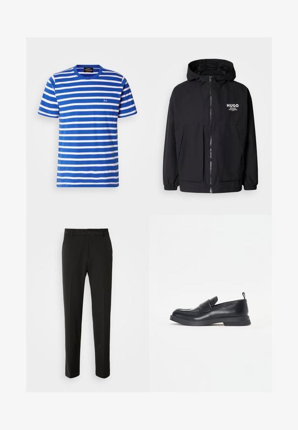 Juodas gobtuvas striukė su pilnu priekiniu užtrauktuku, elastinėmis rankovėmis ir dviem priekinėmis kišenėmis. Spausdintas logo ant kairės krūtinės. Lygus tekstūruotas paviršius.; Mėlyna ir balta dryžuota marškinėliai, pagaminti iš medvilnės. Turi apvalią kaklą ir mažą "MN" logotipą krutinėje, trumpomis rankovėmis.; Juodi kelnes, pagamintos iš lygaus audinio, su tiesiomis kojomis, mygtuko uždarymu ir klasikiniu dizainu, tinkamu tiek formaliai, tiek kasdienei aprangai.; Juodų odinių loaferių su apvaliu pirštu, priekinio dirželio detalėmis ir žemu guminio pado. Savybė - subtilus siuvinėjimas ir galinis tamprinis kilpos gaminys.