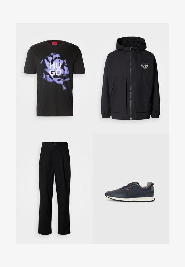 Svart huva jacka med full dragkedja fram, elastiska ärmslut och dubbla framfickor. Tryckt logotyp på vänster bröst. Slät textur.; HUGO DIGNITEY - T-shirt med print - black; Svarta rakbenade byxor med knäppning i midjan, bälteshällor och framfåll, uppvisade mot en enkel vit bakgrund.; Marinblå sneakers med en slät syntetisk ovandel, rund tå, grå detaljer, snörningsdesign och en vit mellansula med en texturerad svart yttersula.