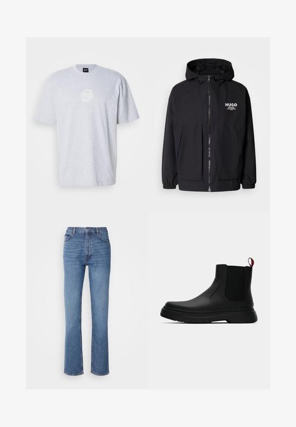 Sort hættejakke med lynlås foran, elastiske manchetter og to foran lommer. Trykt logo på venstre bryst. Glat tekstur.; Grå bomulds t-shirt med korte ærmer, med et blødt hvidt logo på fronten. Rund halsudskæring med en afslappet pasform.; Blå denimjeans med høj talje, lige ben-design og subtilt slid. Har klassisk fem-lommers stil og lynlås lukning.; Sort ankelstøvle med en glat overflade, elastiske sidepaneler og en kontrasterende rød træksløjfe, der har en tyk gummisål og rund tå.