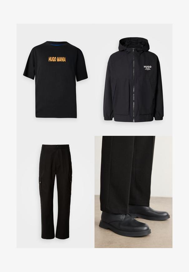 Black hooded jacket featuring a full front zip, elastic cuffs, and dual front pockets. Printed logo on the left chest. Smooth texture.; Black cotton t-shirt with short sleeves, featuring "HUGO MANIA" printed in orange on the front. Round neckline, casual fit.; Black cargo pants made of cotton with a relaxed fit, featuring side pockets, a button closure, and straight legs. Simple design without patterns.; Black leather shoes with a rounded toe, flat sole, and minimal detailing. Paired with tailored black pants, showing smooth texture.