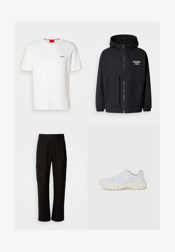 Black hooded jacket featuring a full front zip, elastic cuffs, and dual front pockets. Printed logo on the left chest. Smooth texture.; White cotton T-shirt with crew neck, short sleeves, featuring a small black "HUGO" logo on the left chest and a contrasting red label inside.; Black cargo pants made of cotton with a relaxed fit, featuring side pockets, a button closure, and straight legs. Simple design without patterns.; White athletic shoes made of mesh and suede, featuring a textured midsole, textured accents, and "HUGO" logo on the side.