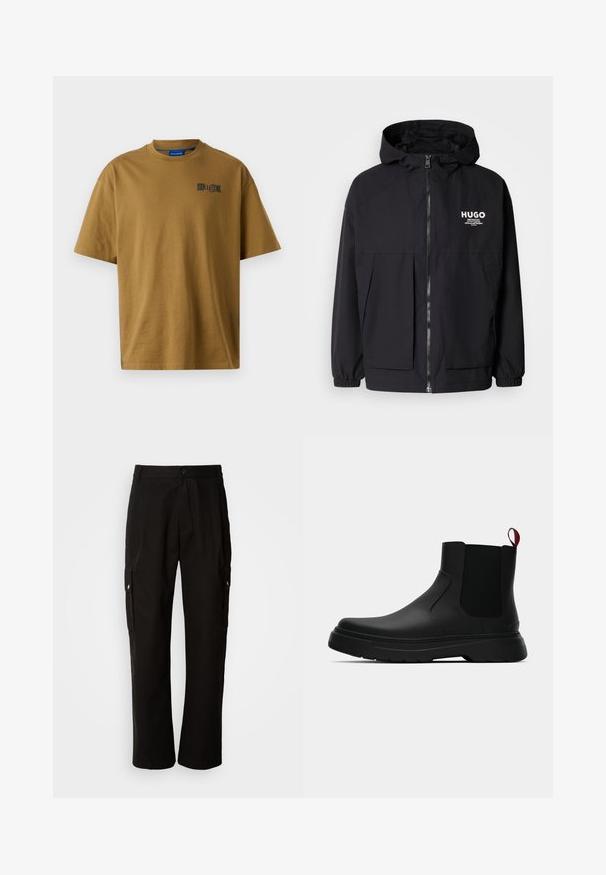 Zwarte hoodie-jack met een volledige rits aan de voorkant, elastische manchetten en twee voorzakken. Gedrukt logo op de linkerborst. Glad textuur.; Bruine katoenen T-shirt met een ronde hals, korte mouwen en een klein zwart logo op de linkerkant van de borst. Vloeiende textuur.; Zwarte cargobroek van katoen met een relaxte pasvorm, voorzien van zijzakken, een knoopsluiting en rechte pijpen. Eenvoudig ontwerp zonder patronen.; Zwarte enkelboot met een gladde afwerking, elastische zijpanelen en een contrasterende rode treklus, met een dikke rubberen zool en een afgeronde teen.