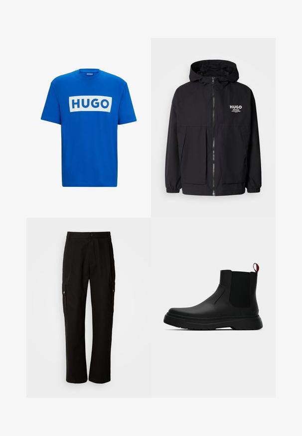 Černá kapucňová bunda s plným předním zipem, elastickými manžetami a dvojitými předními kapsami. Tištěné logo na levém prsu. Hladká textura.; Modrá bavlněná trička s velkým bílým obdélníkovým grafickým prvkem, na kterém je text "HUGO" tučnými modrými písmeny. Klasický kulatý výstřih a krátké rukávy.; Černé cargo kalhoty vyrobené z bavlny s uvolněným střihem, vybavené bočními kapsami, zapínáním na knoflík a rovnými nohavicemi. Jednoduchý design bez vzorů.; Černé kotníkové boty s hladkým povrchem, elastickými bočními panely a kontrastním červeným poutkem, s tlustou gumovou podrážkou a zaoblenou špičkou.