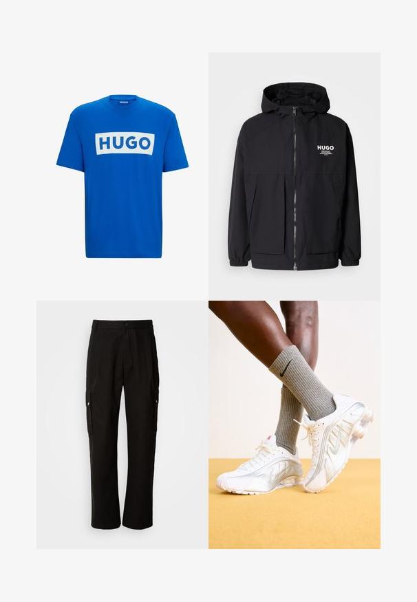Črna kapuca jakna z full front zadrgo, elastičnimi manšetami in dvema sprednjima žepoma. Natisnjena logo na levi prsni strani. Gladka tekstura.; Modra bombažna majica s širokim belim pravokotnim grafičnim motivom, na katerem je besedilo "HUGO" v krepko modri barvi. Klasičen okrogel ovratnik in kratki rokavi.; Črne cargo hlače iz bombaža z sproščenim krojem, opremljene s stranskimi žepi, gumbom za zapiranje in ravnimi nogami. Preprost dizajn brez vzorcev.; Nike superge v beli barvi s srebrnimi detajli, ki imajo teksturirane panele in perforacije. V kompletu s sivimi rebrastimi nogavicami, postavljene na rumeni ozadju.