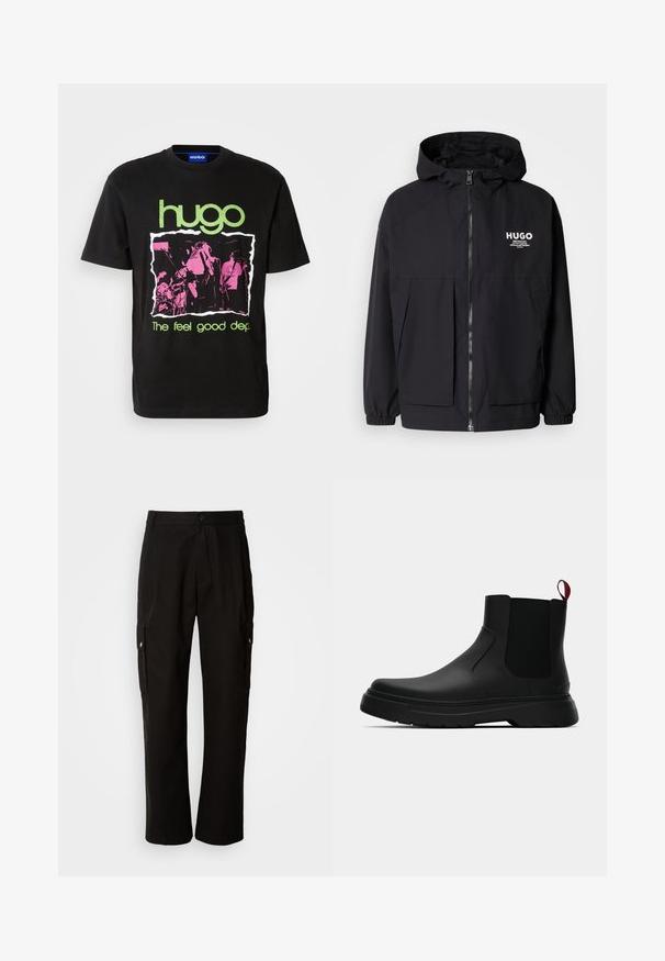 Juodas gobtuvas striukė su pilnu priekiniu užtrauktuku, elastinėmis rankovėmis ir dviem priekinėmis kišenėmis. Spausdintas logo ant kairės krūtinės. Lygus tekstūruotas paviršius.; Juodas medvilninis marškinėliai su žaliu "hugo" logotipu, rožine grafika su grupės vaizdine medžiaga ir užrašu "The feel good dep." žalia spalva.; Juodos krovinių kelnės, pagamintos iš medvilnės, laisvo kirpimo, su šoninėmis kišenėmis, mygtuko uždarymu ir tiesiomis kojomis. Paprastas dizainas, be raštų.; Juodas kulkšninis batas su lygiu paviršiumi, elastiniais šonų intarpais ir kontrastingu raudonu kilimėliu, turintis storą guminį pado ir apvalią nosį.