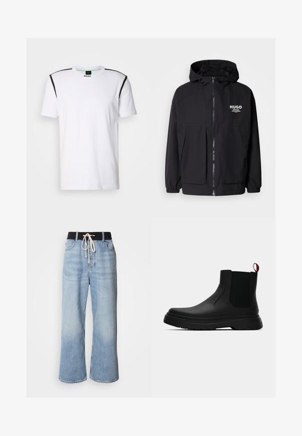 Fekete kapucnis dzseki, teljes elülső cipzárral, elasztikus mandzsettákkal és két elülső zsebbel. Nyomtatott logó a bal mellen. Simább textúra.; Fehér, rövid ujjú póló, pamutból készült, fekete díszítésekkel a vállakon és kerek nyakkivágással, zöld belső címkével.; Világoskék, bő szárú farmernadrág fekete, elasztikus derékpánttal, húzózsinórral és klasszikus öt zsebes kialakítással.; Fekete bokacipő sima felülettel, ruganyos oldalsó panelek és kontrasztos piros húzópánt jellemzi, vastag gumitalppal és lekerekített orral.