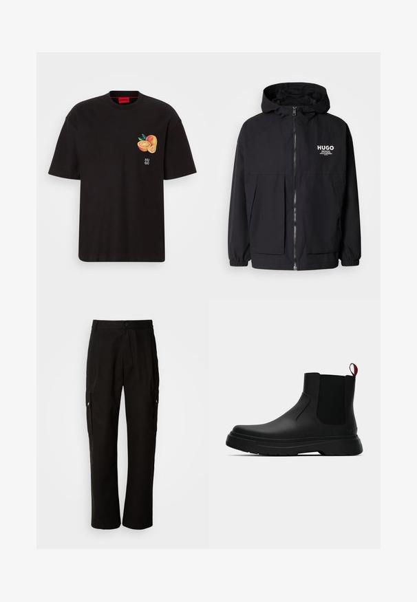 Svart hettegenser med full frontglidelås, elastiske mansjetter og doble frontlommer. Trykt logo på venstre bryst. Glatt tekstur.; Svart bomull t-skjorte med grafisk trykk av to appelsinhalvdeler med grønne blader. Rød etikett ved halsen med teksten "HUGO".; Svart cargobukse laget av bomull med avslappet passform, med sidelommer, knappeåpning og rette ben. Enkelt design uten mønstre.; Sorte ankelstøvler med en glat overflade, elastiske sidepaneler og en kontrastfyldt rød trækflik, med en tykk gummisål og rund tå.