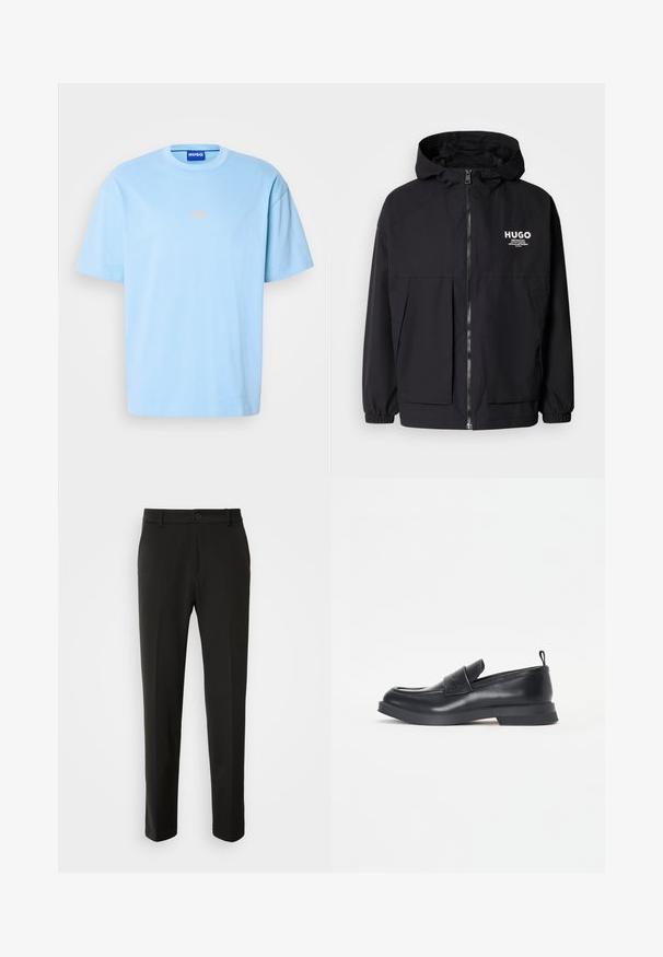 Melnā kapuce jaka ar pilnu priekšējo rāvējslēdzēju, elastīgām piedurknēm un divām priekšējām kabatām. Izdrukāts logo kreisajā krūtī. Gluda tekstūra.; Gaiši zils kokvilnas T-krekls ar apaļu kaklu, īsām piedurknēm un smalku "HUGO" logo oranžā krāsā centrā. Gluda tekstūra, brīvs piegriezums.; Melnas bikses no gludas auduma ar taisnām kājām, pogu aizdari un klasisku dizainu, kas piemērots gan formālai, gan ikdienišķai valkāšanai.; Melnas ādas loafers kurpes ar noapaļotu purngalu, priekšējo siksnu detaļu un zemu gumijas zoli. Iekļauj diskrētu šuvēm un aizmugurējo cilpu.