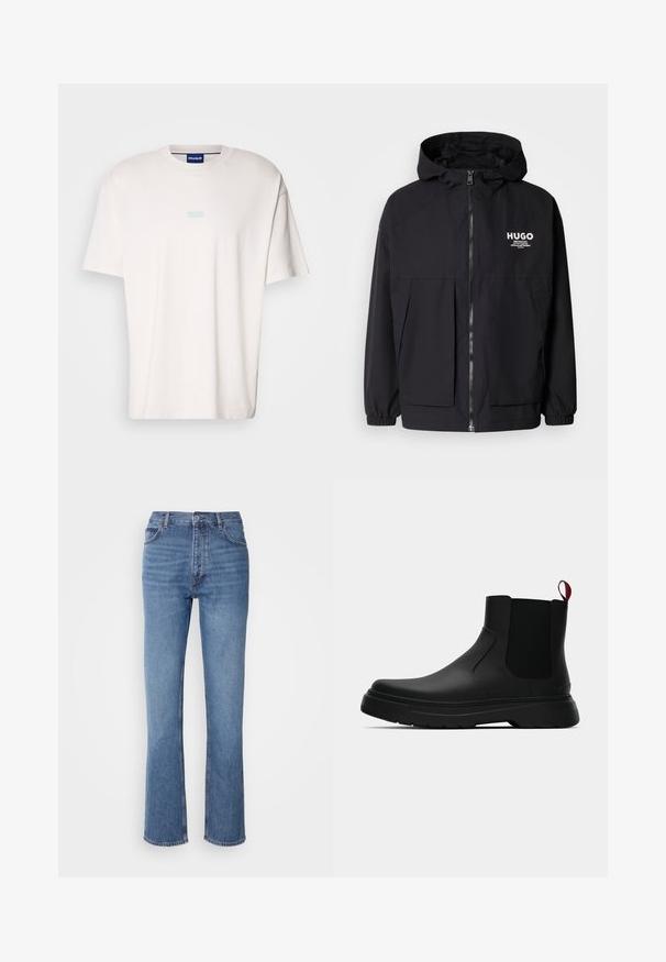 Black hooded jacket featuring a full front zip, elastic cuffs, and dual front pockets. Printed logo on the left chest. Smooth texture.; White cotton t-shirt with short sleeves, relaxed fit, and a light blue "HUGO" logo printed at the center. Smooth texture, crew neckline.; Blue denim jeans with a high waist, straight-leg design, and subtle fading. Features classic five-pocket styling and a zip fly closure.; Black ankle boot with a smooth finish, elastic side panels, and a contrasting red pull tab, featuring a thick rubber sole and rounded toe.